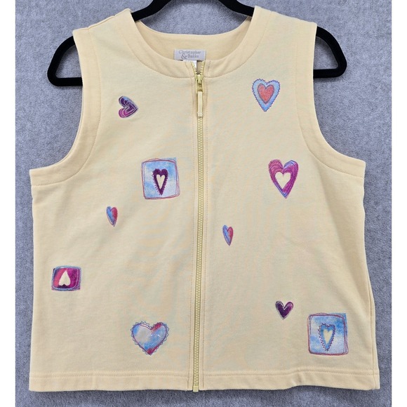 Christopher & Banks Jackets & Blazers - Vtg Y2K Christopher Banks Yellow Zip Knit Vest Women's S Embroidered Hearts Love